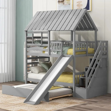 Playhouse Twin Over Twin Bunk Bed for Kids with Slide, Trundle & Storage Stairs – Solid Wood Bed Frame with Roof & Windows